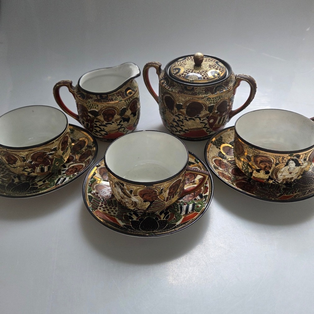 Vintage Japanese Satsuma Moriage Tea‎ Set Immortals Arhats Gold Hand Painted 8pc